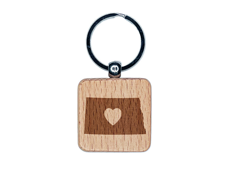 North Dakota State with Heart Engraved Wood Square Keychain Tag Charm