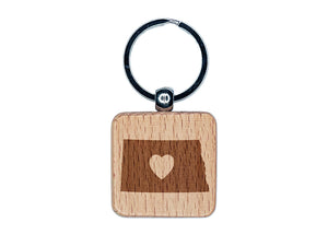 North Dakota State with Heart Engraved Wood Square Keychain Tag Charm