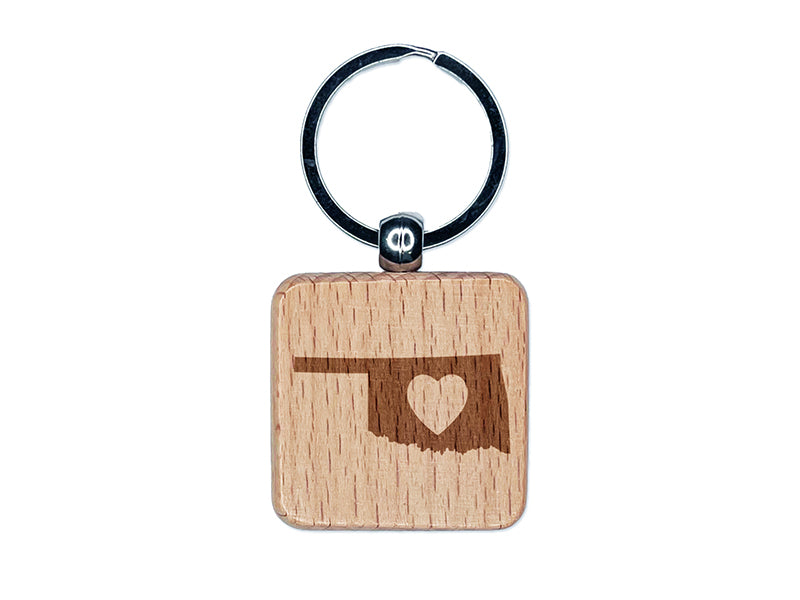 Oklahoma State with Heart Engraved Wood Square Keychain Tag Charm