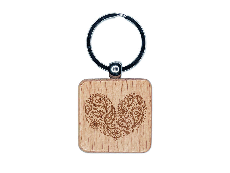 Paisley Heart Engraved Wood Square Keychain Tag Charm