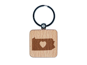 Pennsylvania State with Heart Engraved Wood Square Keychain Tag Charm