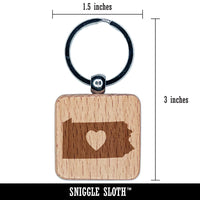 Pennsylvania State with Heart Engraved Wood Square Keychain Tag Charm