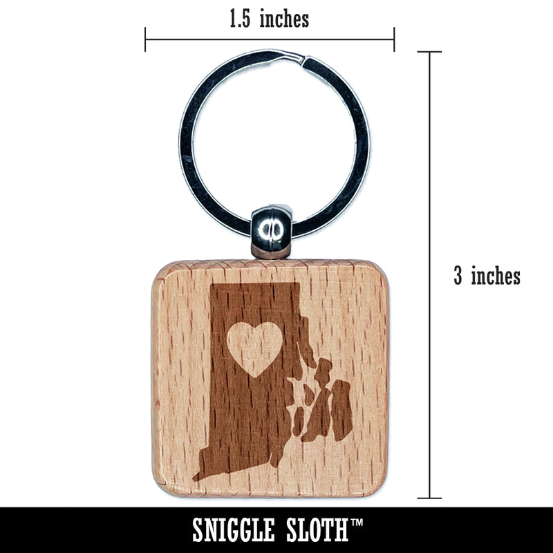 Rhode Island State with Heart Engraved Wood Square Keychain Tag Charm