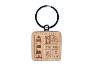 Shine Bright Lighthouse and Nautical Elements Engraved Wood Square Keychain Tag Charm