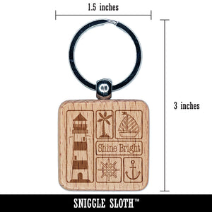 Shine Bright Lighthouse and Nautical Elements Engraved Wood Square Keychain Tag Charm