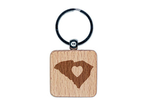 South Carolina State with Heart Engraved Wood Square Keychain Tag Charm