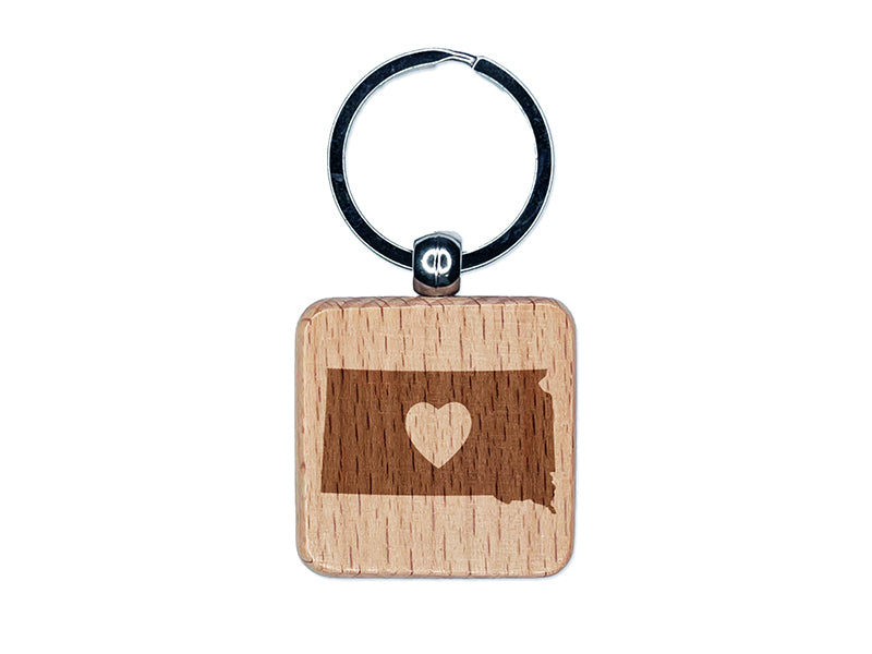 South Dakota State with Heart Engraved Wood Square Keychain Tag Charm