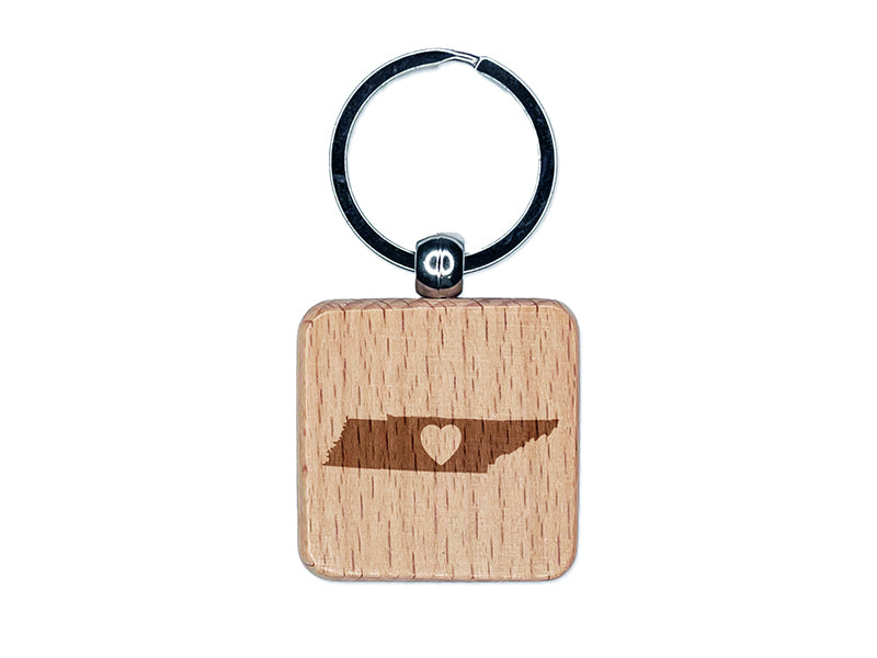 Tennessee State with Heart Engraved Wood Square Keychain Tag Charm