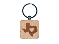 Texas State with Heart Engraved Wood Square Keychain Tag Charm