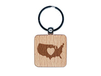 USA United States of America Country with Heart Engraved Wood Square Keychain Tag Charm