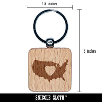 USA United States of America Country with Heart Engraved Wood Square Keychain Tag Charm