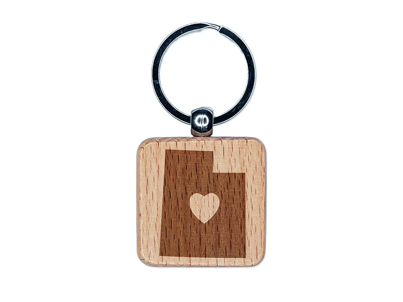 Utah State with Heart Engraved Wood Square Keychain Tag Charm