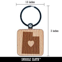 Utah State with Heart Engraved Wood Square Keychain Tag Charm