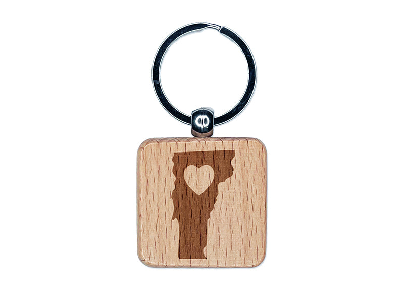 Vermont State with Heart Engraved Wood Square Keychain Tag Charm