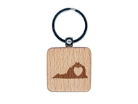 Virginia State with Heart Engraved Wood Square Keychain Tag Charm