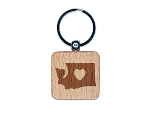 Washington State with Heart Engraved Wood Square Keychain Tag Charm