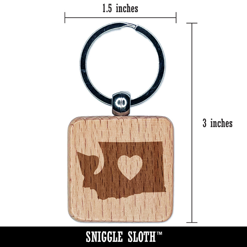 Washington State with Heart Engraved Wood Square Keychain Tag Charm