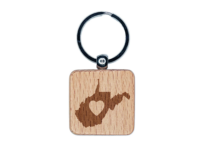 West Virginia State with Heart Engraved Wood Square Keychain Tag Charm