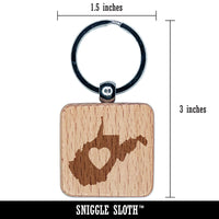 West Virginia State with Heart Engraved Wood Square Keychain Tag Charm