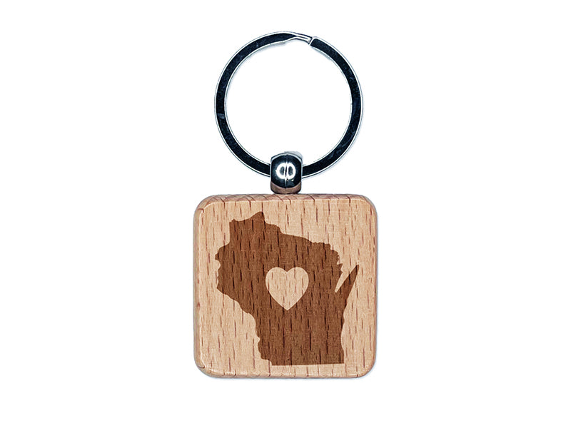 Wisconsin State with Heart Engraved Wood Square Keychain Tag Charm