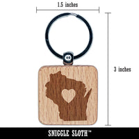 Wisconsin State with Heart Engraved Wood Square Keychain Tag Charm