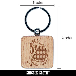 Basset Hound Dog in Argyle Sweater Engraved Wood Square Keychain Tag Charm