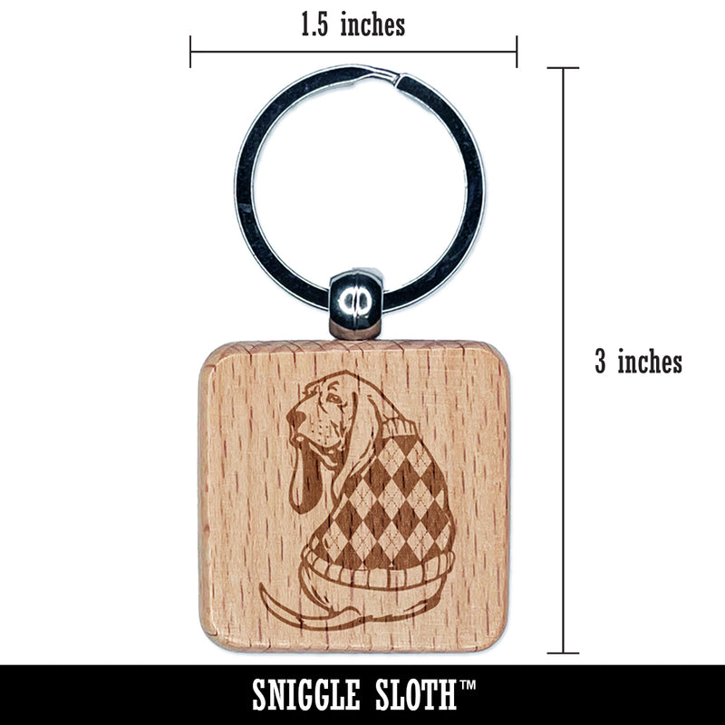 Basset Hound Dog in Argyle Sweater Engraved Wood Square Keychain Tag Charm