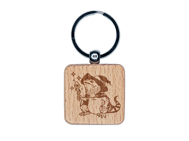 Bearded Dragon Wizard Lizard Engraved Wood Square Keychain Tag Charm