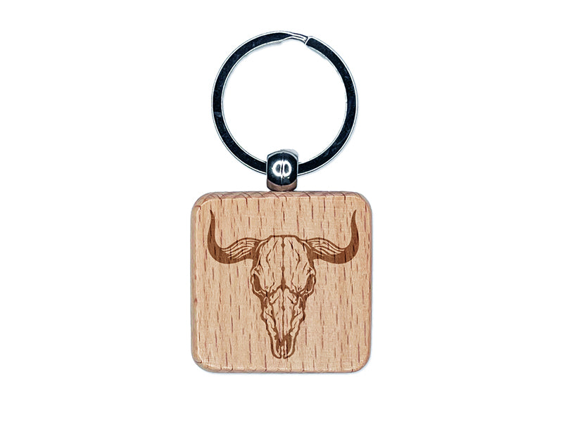 Bull Skull Engraved Wood Square Keychain Tag Charm