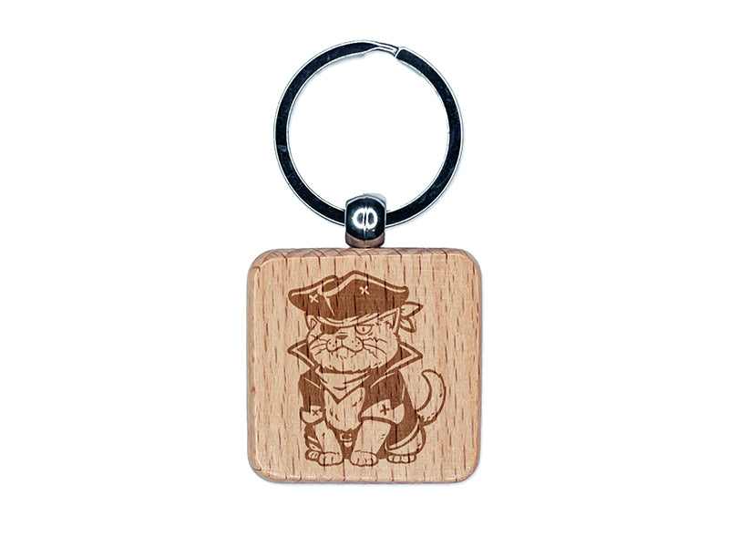 Captain Pirate Cat Engraved Wood Square Keychain Tag Charm
