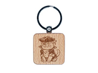 Captain Pirate Cat Engraved Wood Square Keychain Tag Charm