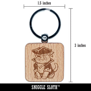 Captain Pirate Cat Engraved Wood Square Keychain Tag Charm