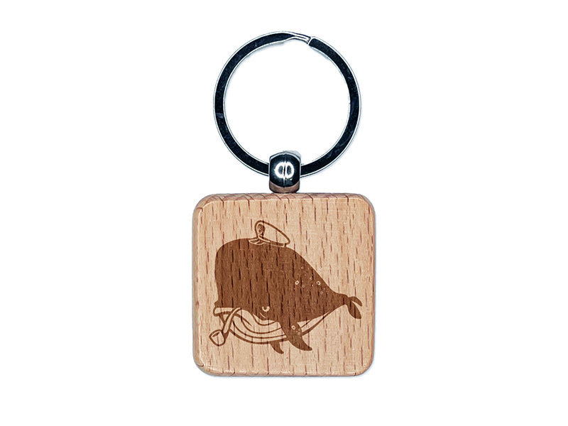 Captain Whale of the Salty Sea Engraved Wood Square Keychain Tag Charm