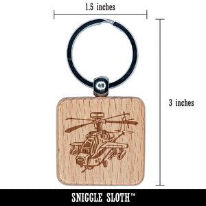Cartoon Military Apache Attack Helicopter Chopper Engraved Wood Square Keychain Tag Charm