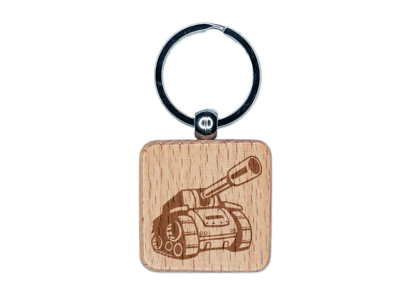 Cartoon Military Army Tank Engraved Wood Square Keychain Tag Charm