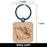 Cartoon Navy Battleship Engraved Wood Square Keychain Tag Charm