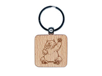 Charmingly Chubby Waving Bear Engraved Wood Square Keychain Tag Charm