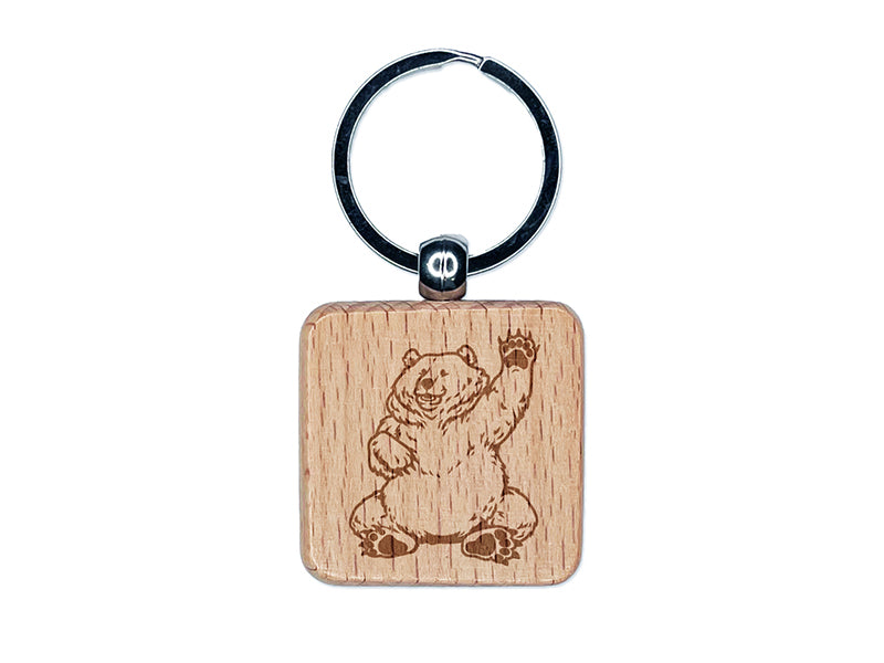 Charmingly Chubby Waving Bear Engraved Wood Square Keychain Tag Charm