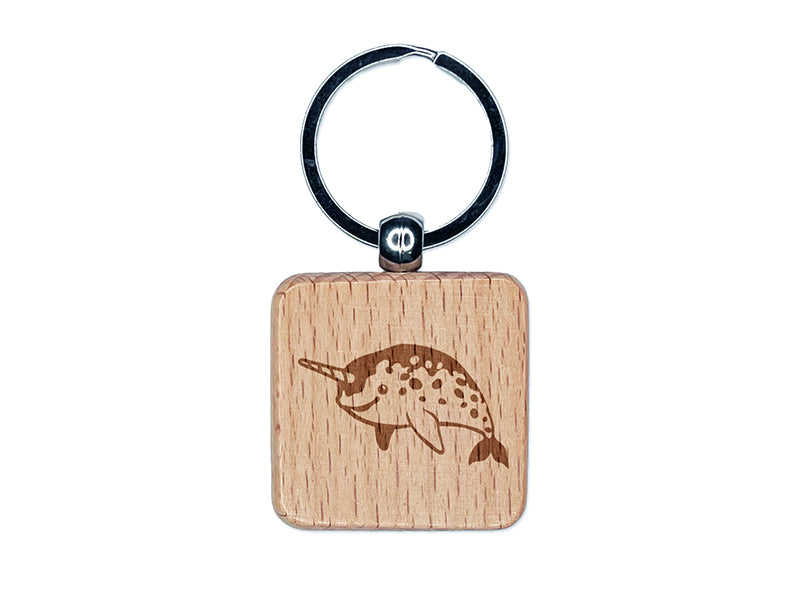 Cheerful Narwhal the Horned Whale Engraved Wood Square Keychain Tag Charm