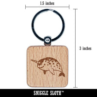 Cheerful Narwhal the Horned Whale Engraved Wood Square Keychain Tag Charm