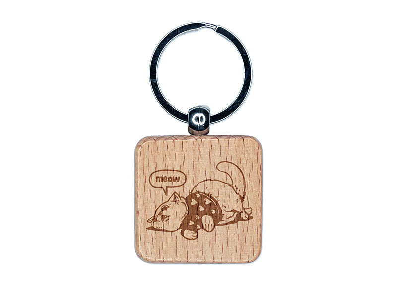 Chubby Cat in Heart Sweater Engraved Wood Square Keychain Tag Charm