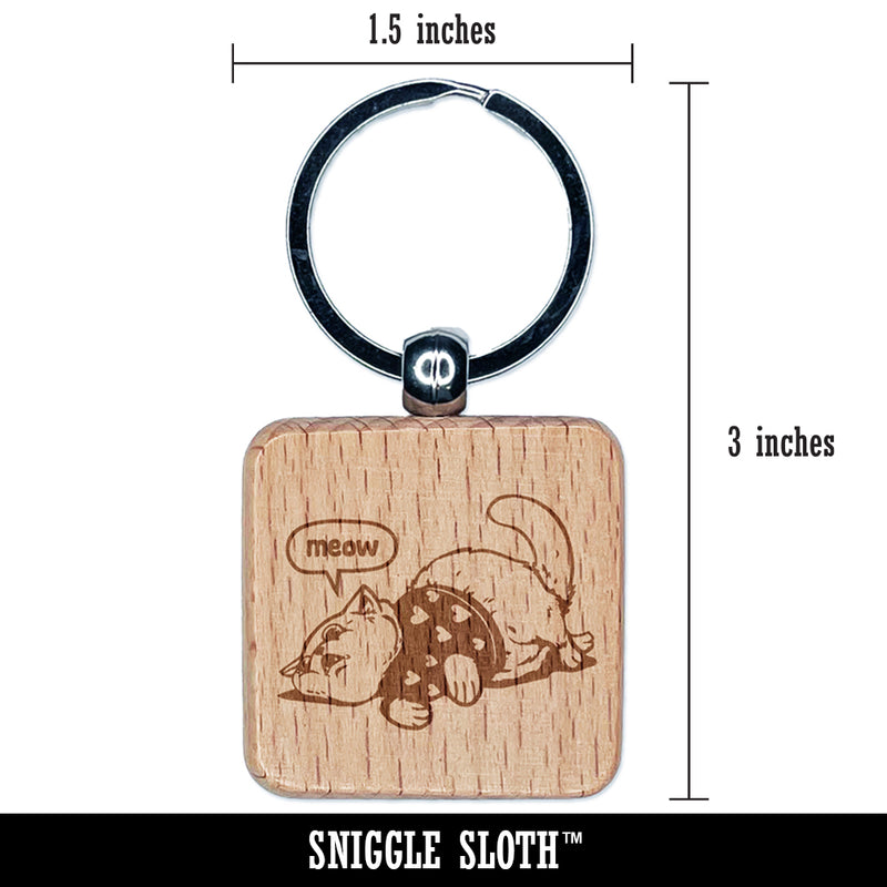 Chubby Cat in Heart Sweater Engraved Wood Square Keychain Tag Charm