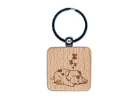 Chubby Spotted Dog Sleeping Engraved Wood Square Keychain Tag Charm