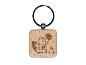 Construction Worker Beaver Builder with Stop Sign Engraved Wood Square Keychain Tag Charm