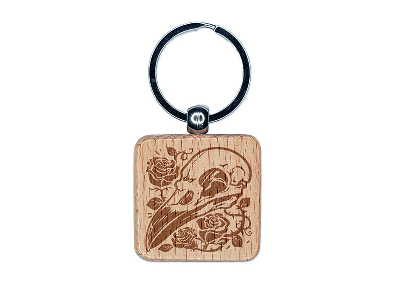 Crow Raven Bird Skull with Roses Engraved Wood Square Keychain Tag Charm