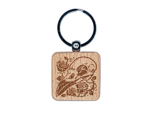 Crow Raven Bird Skull with Roses Engraved Wood Square Keychain Tag Charm
