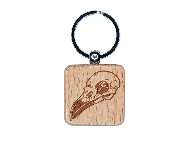 Crow Raven Bird Skull Engraved Wood Square Keychain Tag Charm