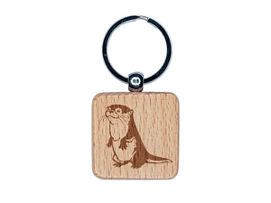 Curious and Cute River Otter Standing Engraved Wood Square Keychain Tag Charm