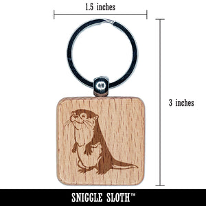 Curious and Cute River Otter Standing Engraved Wood Square Keychain Tag Charm