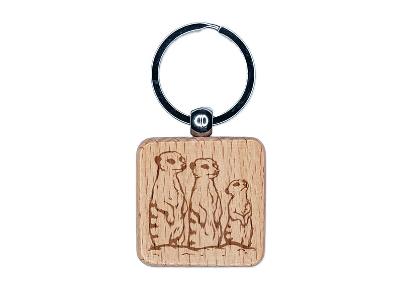 Curious Meerkat Family Engraved Wood Square Keychain Tag Charm